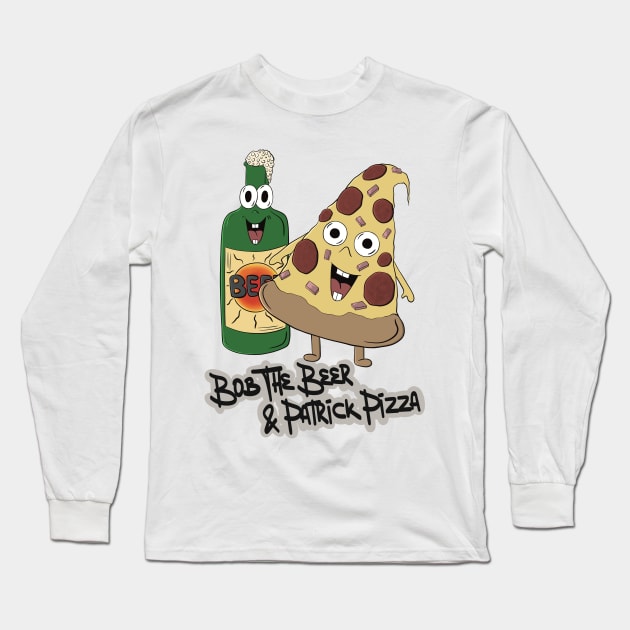 Bob The Beer And Patrick Pizza- Beer And Pizza Illustration Long Sleeve T-Shirt by Funky Chik’n